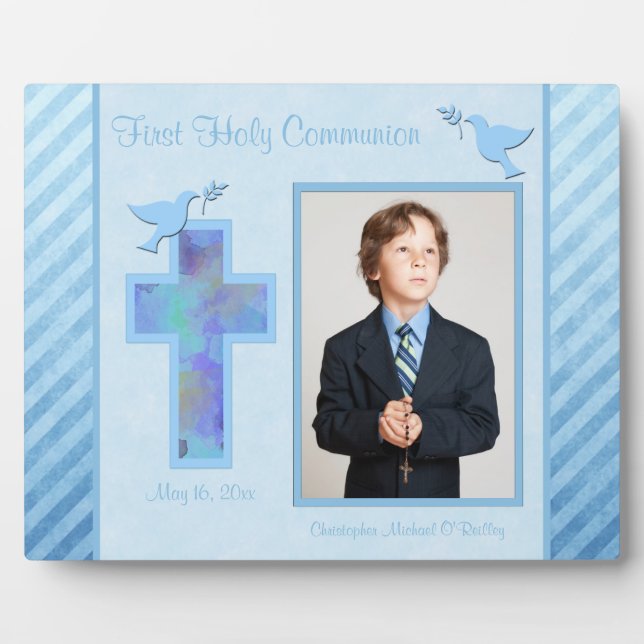 Boy's Blue Striped Erste Heilige Comunion Plaque Fotoplatte (Vorderseite)