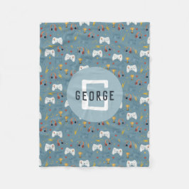 Boys Blue Video Game Kids Cool Monogram Fleecedecke