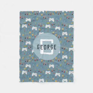 Boys Blue Video Game Kids Cool Monogram Fleecedecke