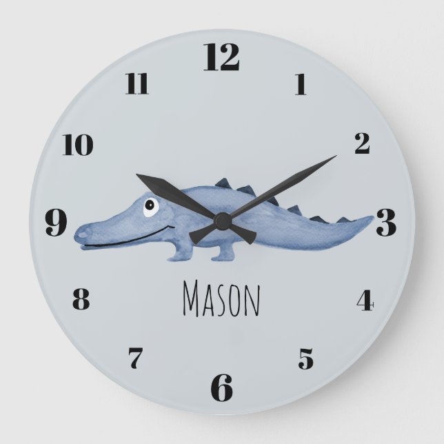 Boys Blue Watercolor Crocodile Safari Name Kinderz Große Wanduhr (Vorderseite)