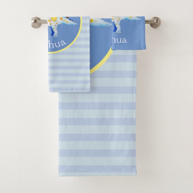 Boys Blue Watercolor Dinosaurier und Name Kinder Badhandtuch Set (Insitu)