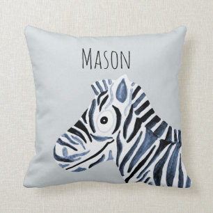 Boy's Blue Watercolor Zebra Safari Baby Kinderzimm Kissen