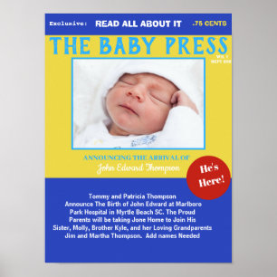 Boys Blue Yellow Keepake Foto Birth Poster