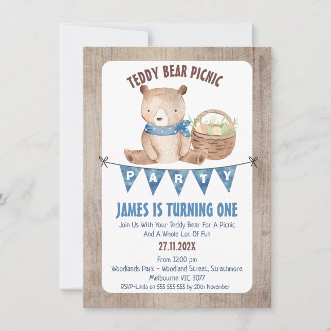 Boys Bunting Teddy Bear Picnic 1. Geburtstag Einladung (Vorderseite)