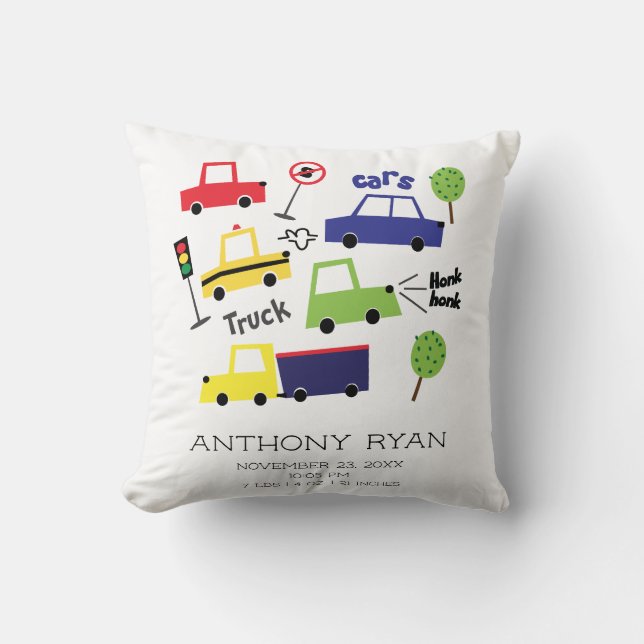 Boys Cars & Trucks Baby Birth Stats Pillow Kissen (Vorderseite)