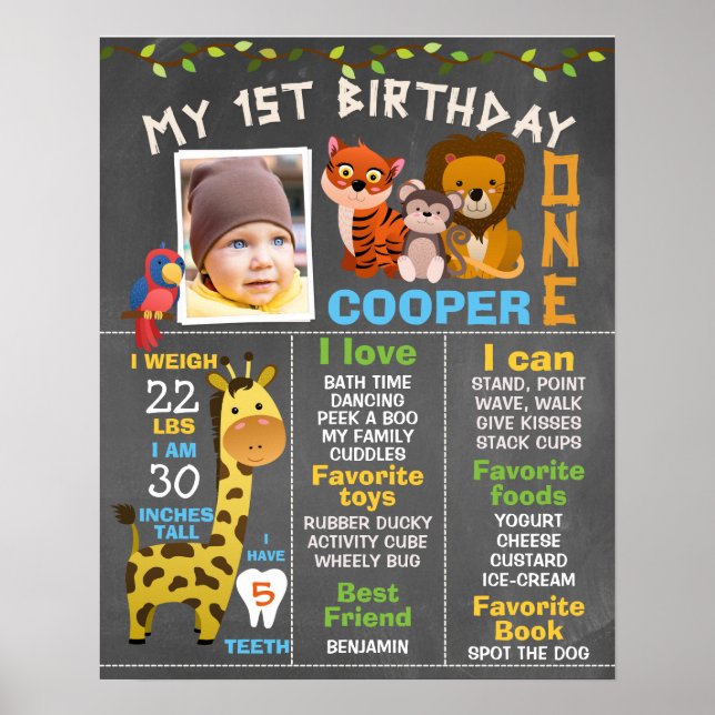 Boys Chalkboard Safari Themed Milestone Poster (Vorne)