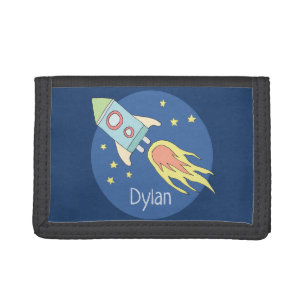 Boys Colorful Rocket Ship Space Muster und Name Tri-fold Geldbeutel