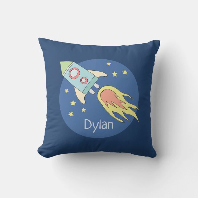 Boys Colorful Rocket Ship Space und Name Kids Kissen (Vorderseite)