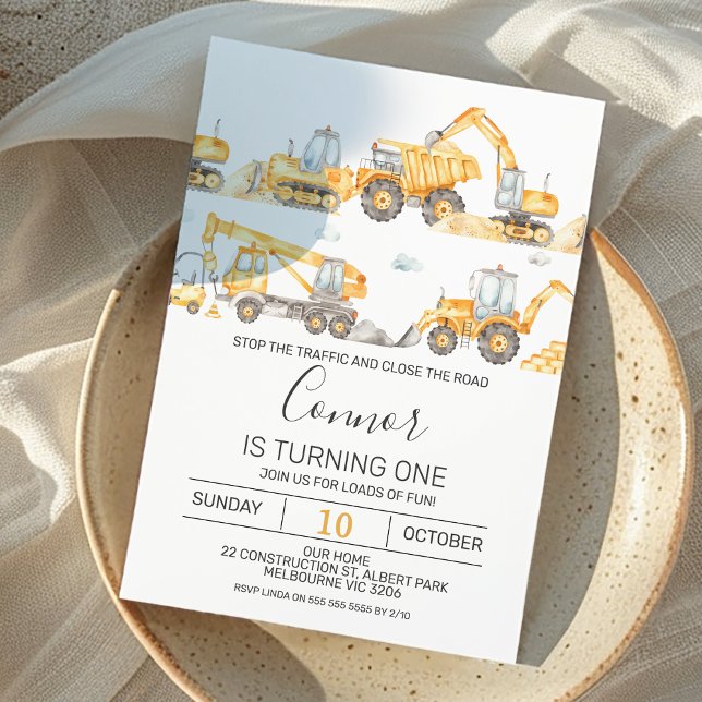 Boys Construction Vehicles Einladung Geburtstag (Under Construction Themed First Birthday Invitation For Boy Modern Excavators Dump Truck Crane Road)