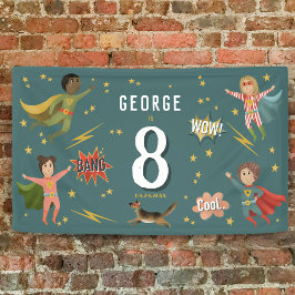 Boys Cool Blue Action Superhero Kindergeburtstag Banner