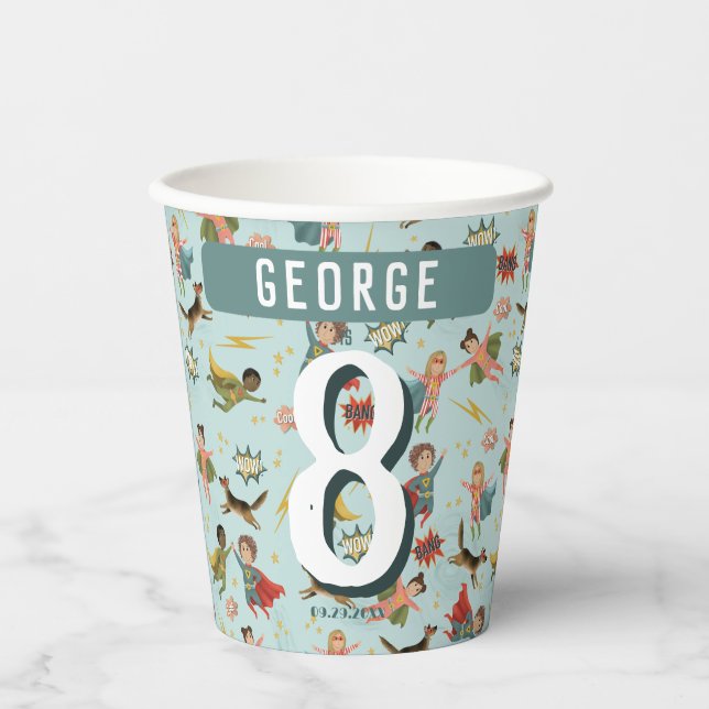 Boys Cool Blue Comic Book Superhero Kindergeburtst Pappbecher (Vorderseite)