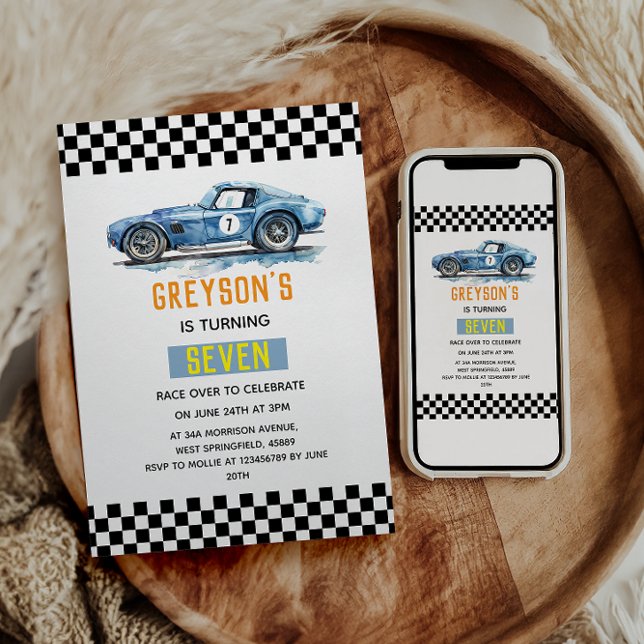Boys Cool Blue Racing Car Kindergeburtstag Einladung (Von Creator hochgeladen)
