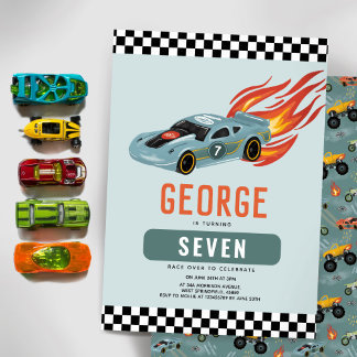 Boys Cool Blue Racing Car Kindergeburtstag Einladung