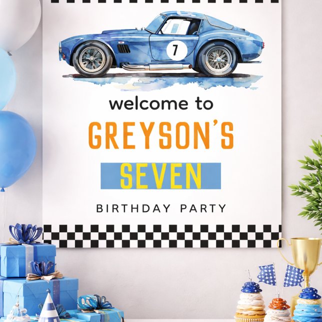 Boys Cool Blue Racing Car Kindergeburtstag Poster (Boys Cool Blue Racing Car Kids Birthday Poster)