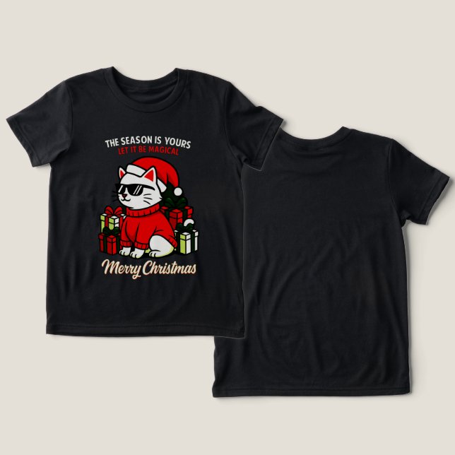 Boys' Cool Cat Christmas Cozy Holiday Gift Tri-Blend Shirt (Design Vorderseite & Rückseite)