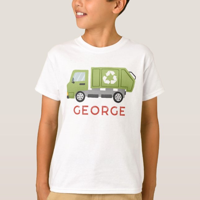 Boys Cool Green Garbage Trash Truck Transportation T-Shirt (Vorderseite)