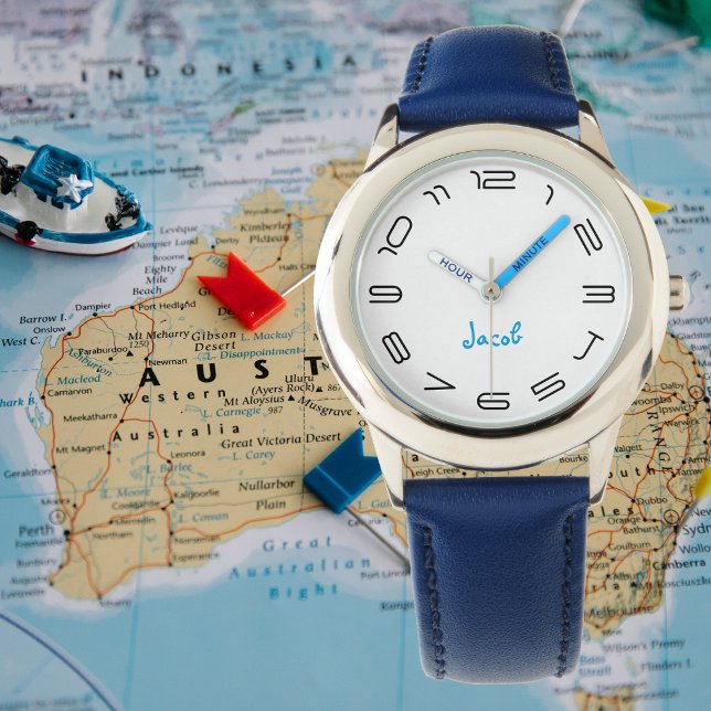 Boys Cool Modern Blue Stilvolle Individuelle Name  Armbanduhr (Boys Cool Modern Blue Stylish Custom Name Kids Watch)