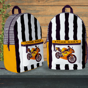 Boys Cool Racing Motorrad Schwarz & Weiß Streifen Bedruckter Rucksack