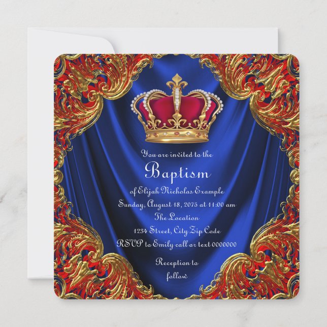 Boys Crown Prince Taufe Royal Blue Satin Einladung (Rückseite)