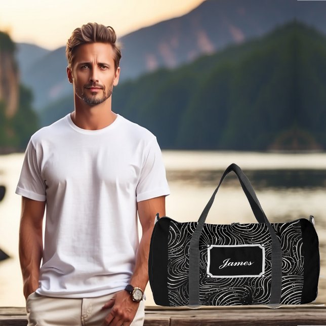 Boys Curly Windy Wavy White Pattern Monogram Black Duffle Bag (Boys Curly Windy Wavy White Pattern Monogram Black Duffle Bag)