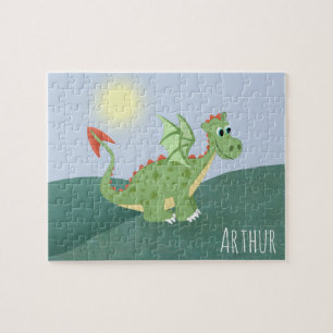 Boys Cute and Magical Green Dragon and Name Puzzle