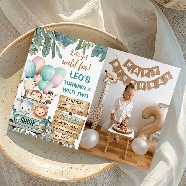 Boys Cute Wild Two Safari 2nd Birthday Photo Einladung (Von Creator hochgeladen)
