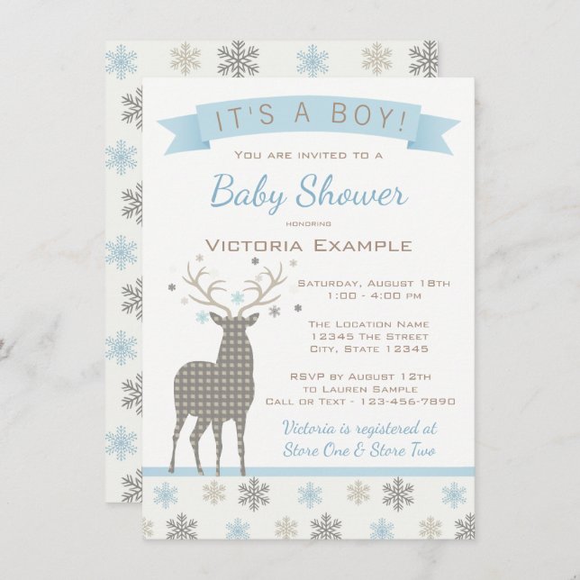 Boys Deer Winter Wonderland Kinderdusche Einladung (Vorne/Hinten)