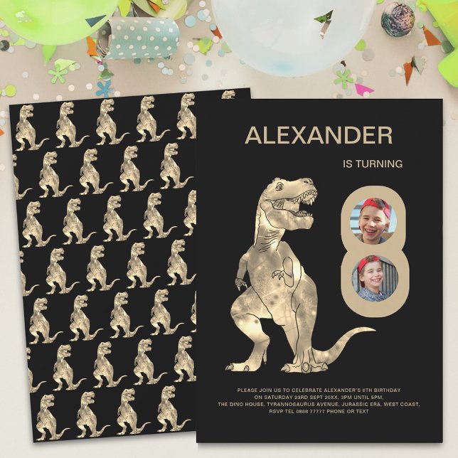 Boys Dinosaur 8. Geburtstagsparty FotoCollage Einladung (T-Rex Dinosaur boys 8th birthday party 2 photo collage invitation)