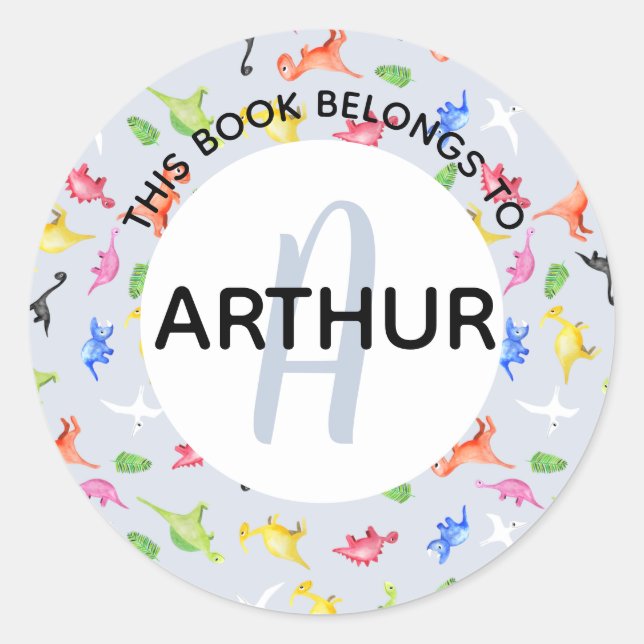 Boys Dinosaur Monogramm und Name Buchzeichen Runder Aufkleber (Vorderseite)