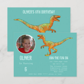 Boys Dinosaur Velociraptor 6th Birthday Party Aqua Einladung