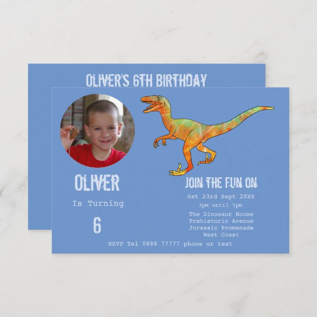 Boys Dinosaur Velociraptor 6th Birthday Party Blue Einladung (Vorne/Hinten)