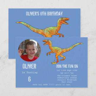 Boys Dinosaur Velociraptor 6th Birthday Party Blue Einladung