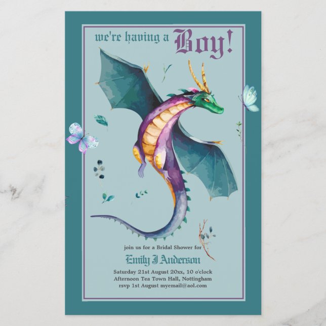 BOYS DRAGON Baby Shower Gender Reveal Einladung Flyer (Vorne)