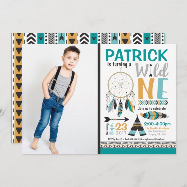 Boys Dreamcatcher Wild ONE Einladung zum 1. Geburt (Vorne/Hinten)