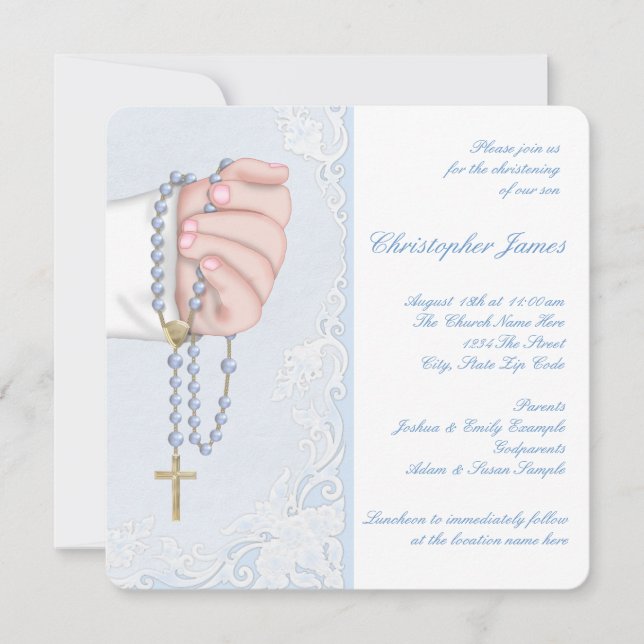 Boys Elegant Baby Blue Rosary Christening Einladung (Vorderseite)