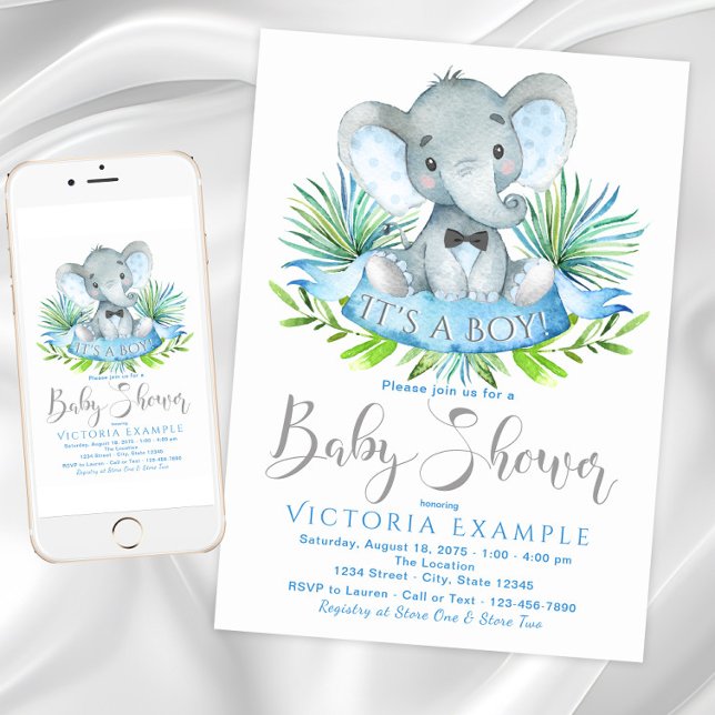 Boys Elephant Baby Shower Einladungen (Cute boy elephant and greenery baby shower. Instant download and printed invitations available.)