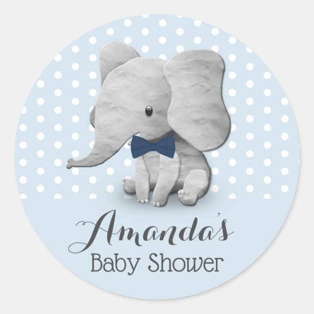Boys Elephant Niedlich Blue Polka Dots Baby Dusche Runder Aufkleber (Vorderseite)