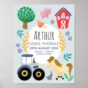 Boys Farm Animals Traktor Birth Stats Baby Kinderz Poster