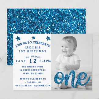 Boys First Birthday Blue Glitzer Foto Einladung