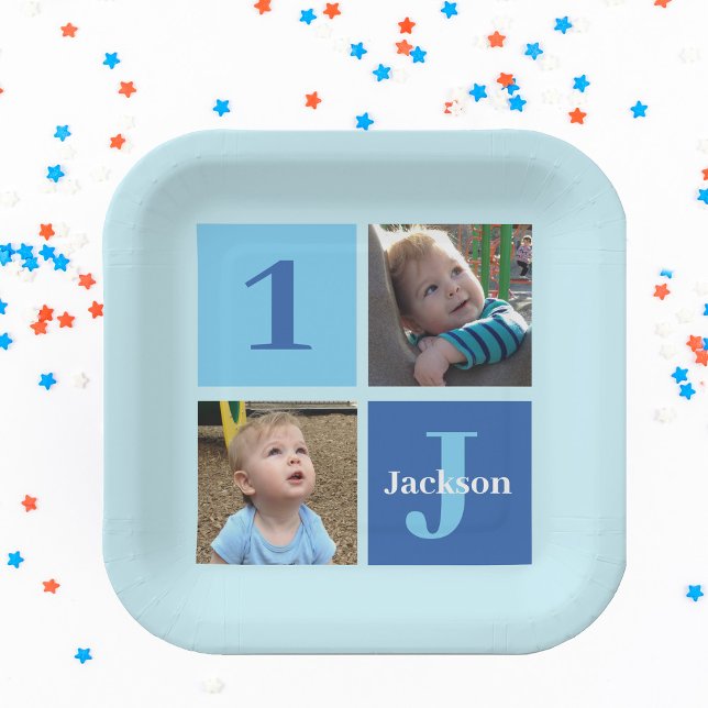 Boys Foto Collage Custom Blue Kindergeburtstag Par Pappteller (Von Creator hochgeladen)