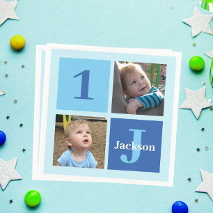 Boys Foto Collage Custom Blue Kindergeburtstag Par Serviette