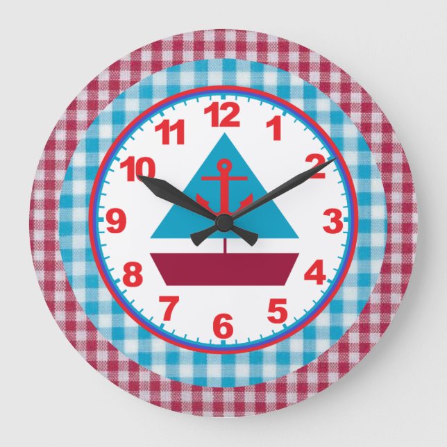 Boys Gingham Sailboat Clock mit Zahlen Große Wanduhr (Vorderseite)
