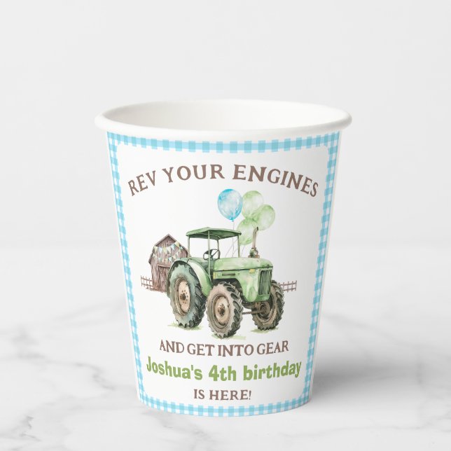 Boys Green Blue Balloons Tractor Birthday Pappbecher (Vorderseite)