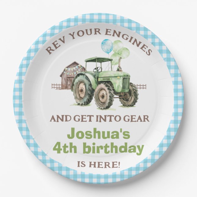 Boys Green Blue Balloons Tractor Birthday Pappteller (Vorderseite)