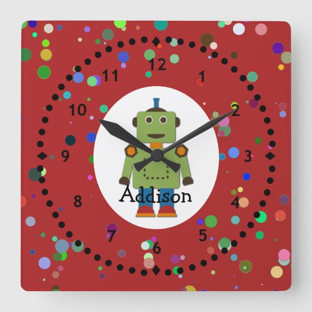 Boy's Green Robot Wall Clock Quadratische Wanduhr (Vorderseite)