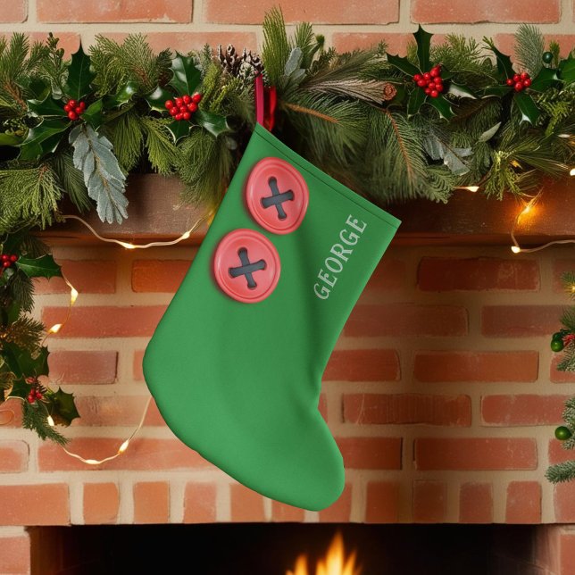 Boys Green Santa's Workshop Weihnachts-Strumpf Großer Weihnachtsstrumpf (A green Christmas Stocking with red buttons inspired by Santa's workshop. )