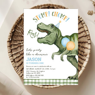 Boys Green Stomp Chomp Roar Dinosaur 1. Geburtstag Einladung