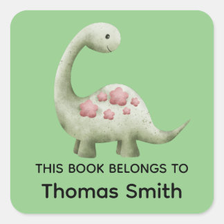 Boys Green "This Book Belongs" Dinosaurier und Nam Quadratischer Aufkleber