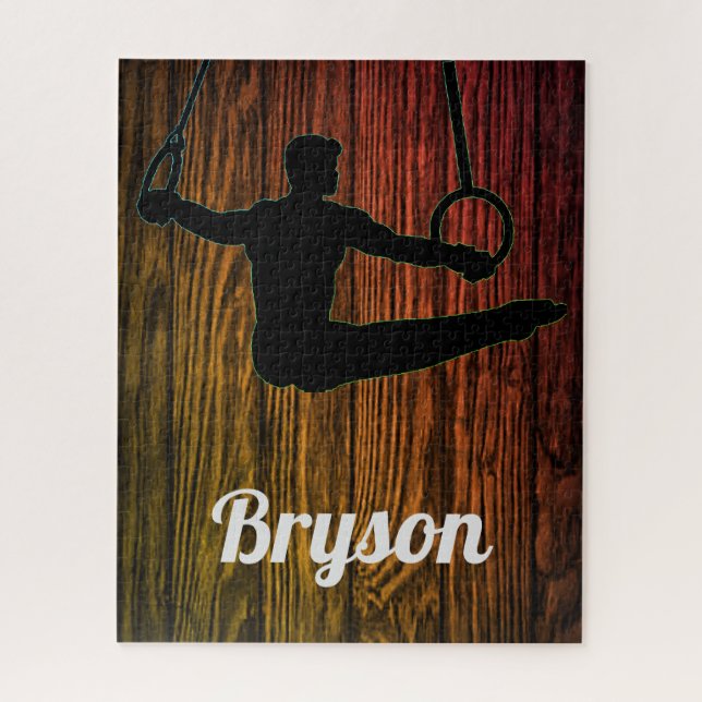 Boys Gymnastik Rings Wood Theme Puzzle mit Namen! (Vertikal)
