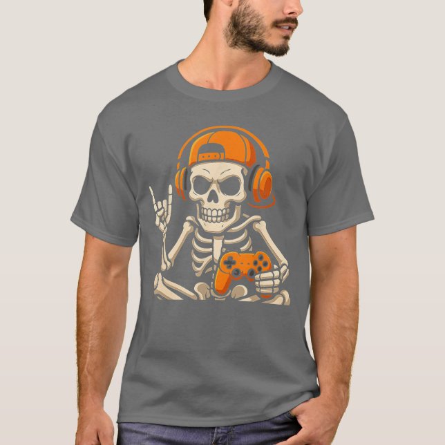 Boys Halloween Skeleton Gamer Video Gamingeenage M T-Shirt (Vorderseite)